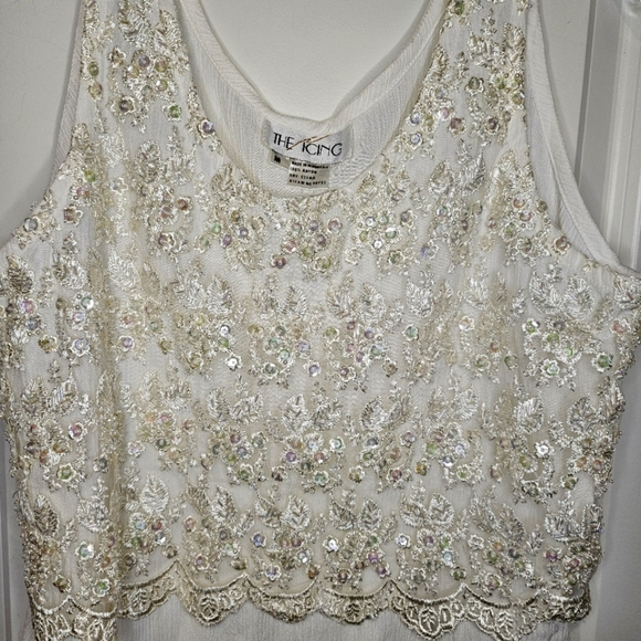 Icing 100% Rayon White Cream Sequin Embellished Crinkle Crop Tank Top M Holiday - Picture 2 of 10